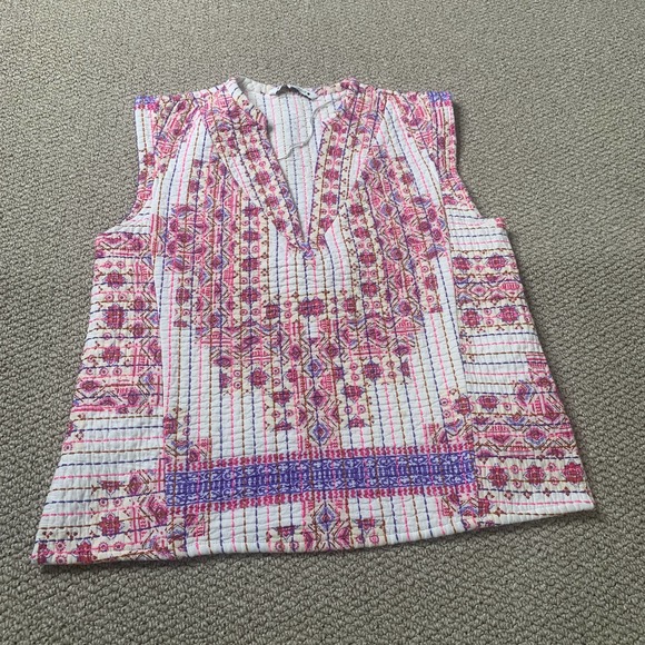 ZARA Womens Jacket‎ Size Small Cream Pink Printed Quilted Vest Sleeveless V-Neck - Picture 1 of 10